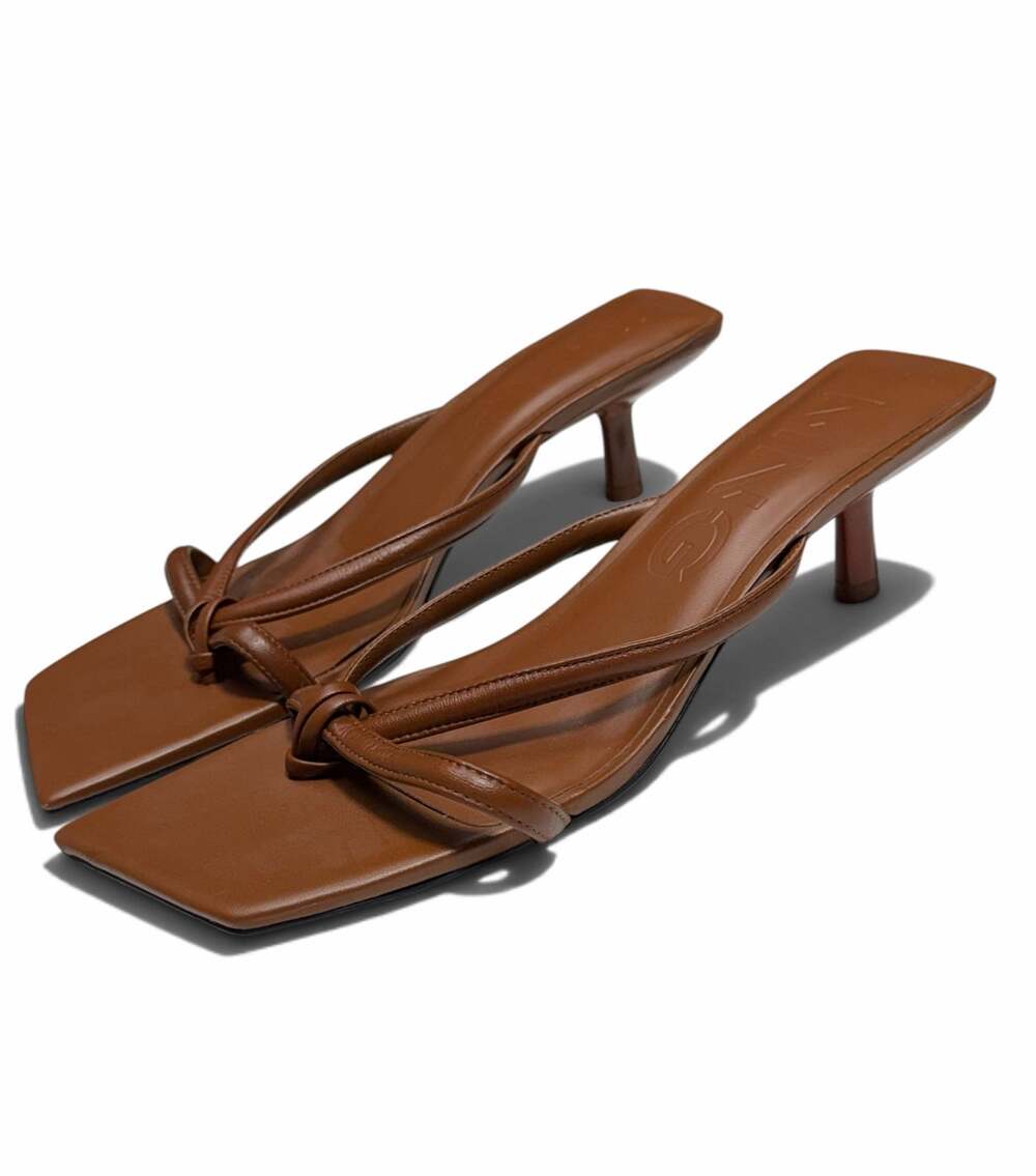 MNG Mango Brown Strappy Knot Square Toe Kitten Heel Mule Sandals Faux Leather
